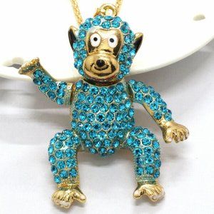 Blue Rhinestone Monkey Pendant NWT